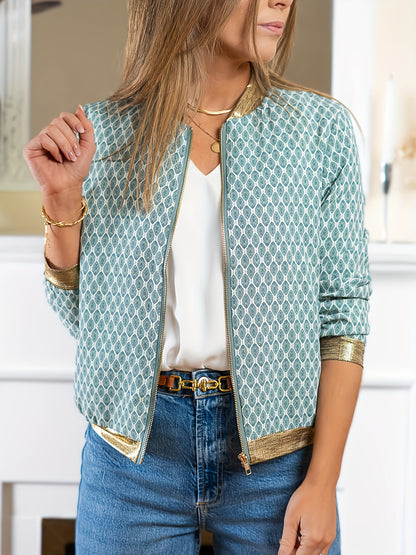 Կանացի էլեգանտ, նորաձև, ոսկեգույն եզրերով, երկար թևքերով, վանդակավոր բեյսբոլի բաճկոն