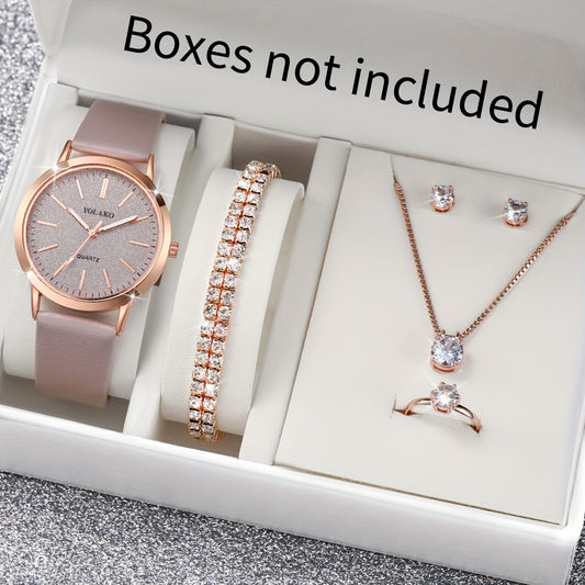 Women's Casual Quartz Watch with Frosted Scale Dial + Jewelry Set 6pcs/set without Watch Box - Ayq