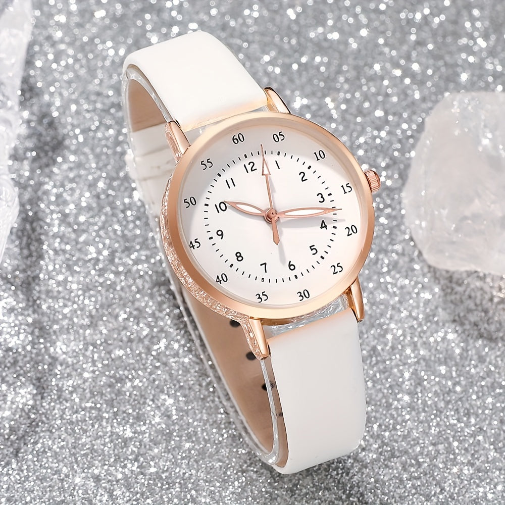 Elegant 5pcs Women's Quartz Watch & Jewelry Set - Round, Faux PU Leather Strap, Zinc Alloy Case - Perfect Gift for Valentine's, Easter, Birthdays, Christmas - Ayq