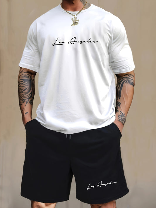 Men'S Casual 2pcs Set, Los Angeles Print, Short Sleeve Crew Neck T-Shirt & Knee-Length Shorts, Polyester & Spandex Blend, Comfortable Home Wear, All-Season Knit Fabric with Pockets, Regular Fit - ayq