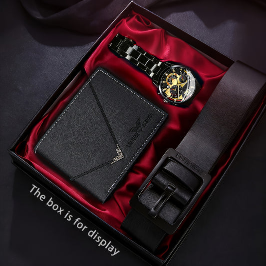 3 հատ տղամարդու ոճային համաձուլվածքից ապարանջանով ժամացույցների հավաքածու | Ներառում է դրամապանակ և գոտի, կատարյալ նվեր Սուրբ Ծննդյան, Սուրբ Վալենտինի օրվա, ծննդյան օրվա համար