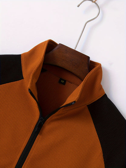 Տղամարդու սպորտային գունային բլոկով կայծակաճարմանդով բաճկոնի և վազքի տաբատի հավաքածու - պոլիեսթերի խառնուրդ, իդեալական է գարնան/աշնան համար