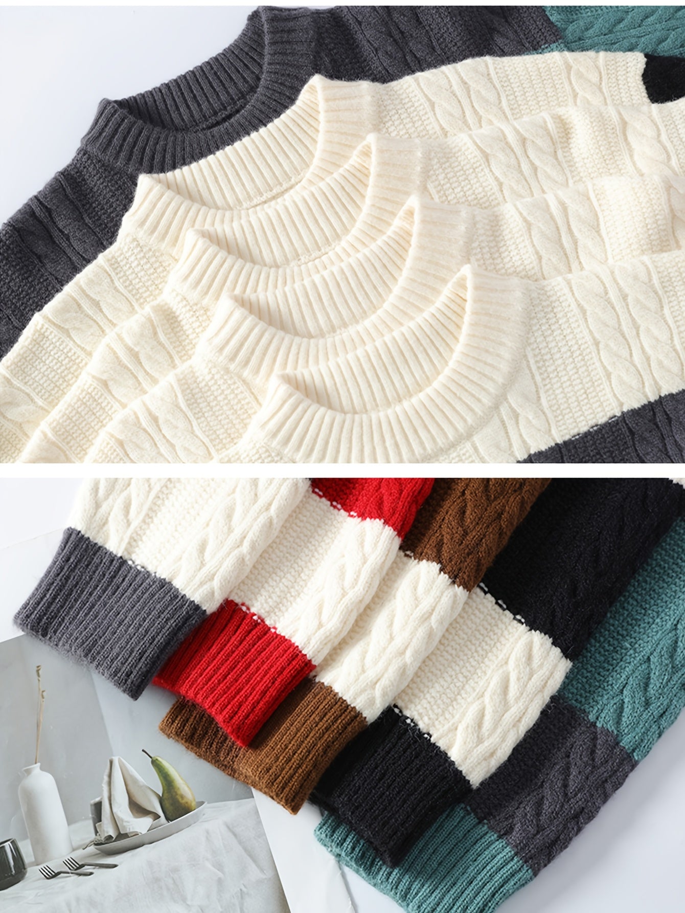 Գծավոր, գունային բլոկներով տրիկոտաժե սվիտեր տղամարդկանց համար | Ազատ չափս, կլոր վզնոց, կողային տրիկոտաժ, իդեալական է գարուն/աշուն սեզոնի համար, փողոցային ոճ, կատարյալ է դեռահաս տղաների համար