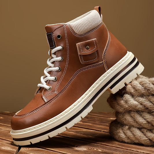 Men'S Retro British Style Mid-Top Work Boots - Black Faux Cover with White Laces, Durable PVC Sole, Comfortable Fabric Lining for Casual & Streetwear, Spring/Fall Footwear, Streetwear Footwear | Retro Style Boots | Durable PV