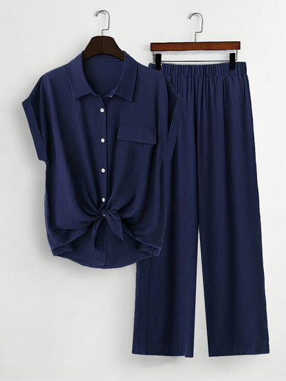 Մեծ չափի կանացի երկար թևքերով վերնաշապիկի և ուղիղ տաբատի հավաքածու