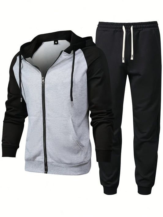 Men's Casual Sportswear Set - Full Zip Hoodie & Drawstring Joggers, Solid Color with Pockets, Polyester Blend, Machine Washable - Perfect for Spring/Fall, Patchwork, Regular Long Sleeve, Two-piece Set