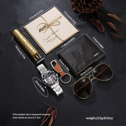 7pcs Men'S Luxury Business Gift Set - Elegant Watch, Wallet, Glasses, Keychain, Greeting Card & Gift Box - Perfect for Christmas, Halloween, Birthday, Christmas Gift Set|elegant Gift Box|durable Gift Box, Gift Box For Men