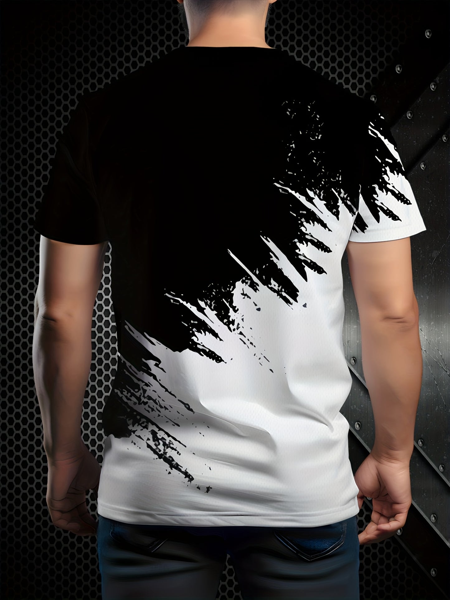 Men's Casual Short Sleeve T-Shirt with 3D Lightning Print, Dual-Tone Design, Round Neck - Polyester Blend, Machine Washable, Ideal for Summer Outdoor Activities, Summer Casual Wear|Round Neck Top|Smooth Fabric