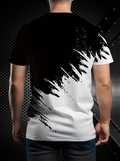 Men's Casual Short Sleeve T-Shirt with 3D Lightning Print, Dual-Tone Design, Round Neck - Polyester Blend, Machine Washable, Ideal for Summer Outdoor Activities, Summer Casual Wear|Round Neck Top|Smooth Fabric