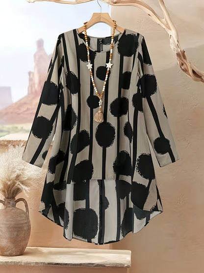 Կանացի երկկտոր հավաքածու՝ երկրաչափական նախշերով, կլոր վզով, երկար թևքերով, ազատ եզրով առջևի կարճ վերնաշապիկով և տաբատով, առօրյա ոճի, ամառային/աշնանային հագուստ, միջին երկարության վերնաշապիկներ, միագույն տաբատ, երկար թևքերով հագուստ