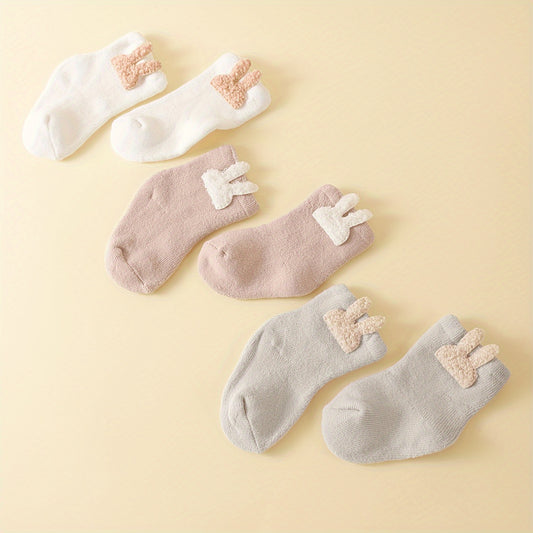 3 Pairs Cozy Terrycloth Cartoon Youngsters Socks - Thick Mid-Calf, Candy Colors (White, Pink, Light Gray), Soft & Warm for Autumn/Winter, Hand Wash Only, Youngsters Socks - Ayq