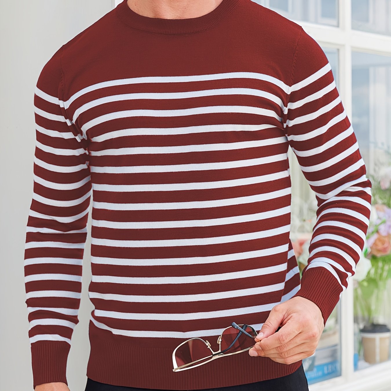 Գարնանային և աշնանային ամենօրյա երկգույն գծավոր տղամարդու սվիտեր-պուլովեր՝ գունավոր բլոկներով, կլոր վզնոցով, տղամարդու տրիկոտաժե վերնաշապիկ