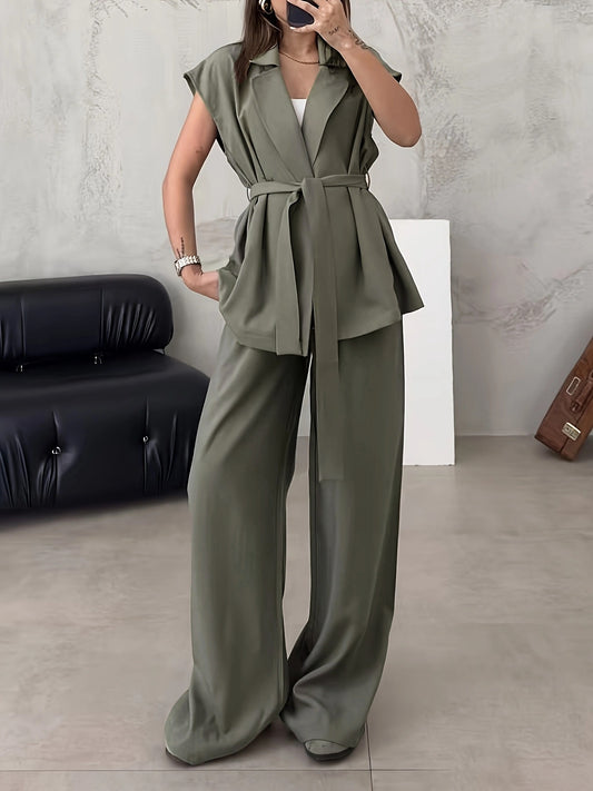 Women'S Elegant Drop Shoulder Suit Vest + Elastic Waist Ruched Pants Two-Piece Set with Belt