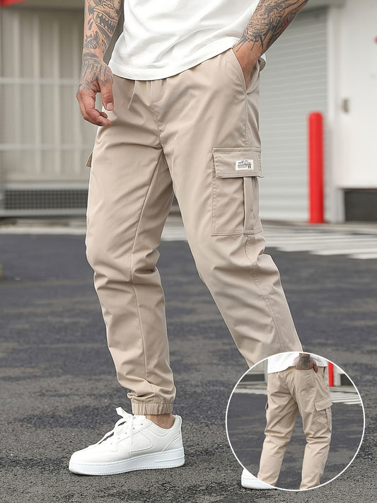 1pc Men'S Casual Polyester Cargo Pants - Mid Waist Elastic Joggers with Multiple Pockets, Non-Stretch Solid Color, Regular Fit for Weekend Wear - Spring/Fall Fashion Trousers