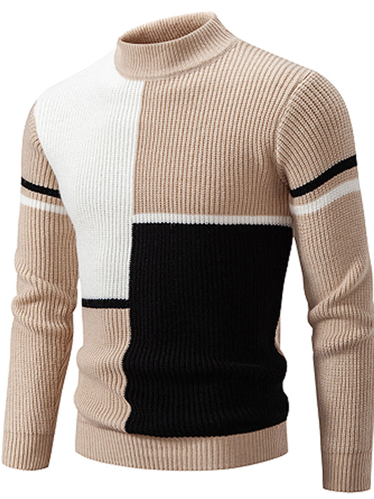 Men'S Autumn Winter New Round Neck Sweater | Color Block Design, Casual Versatile Top, Acrylic Fabric with Slight Stretch