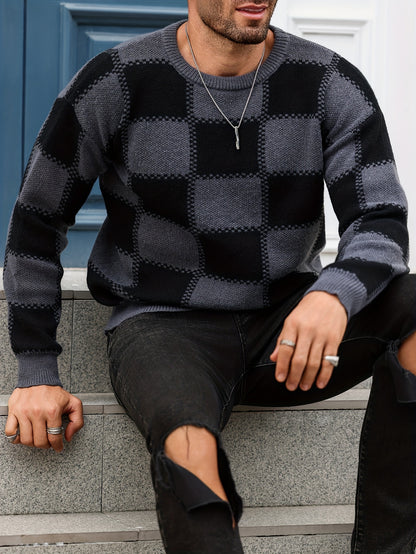 Տղամարդկանց գունաբլոկինգ տեքստուրային պրինտ, պատահական թրենդային սվիտեր, երկարաթև պուլովեր՝ որպես նվեր աշնան և ձմռան համար