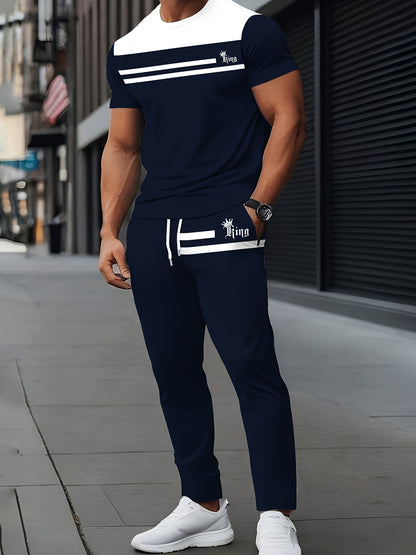 3D Digital Stripe Letter Crown Print - Suitable for Daily Outdoor Leisure Sports Men'S Two-Piece Set