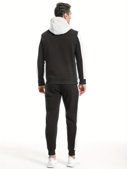 Տղամարդու առօրյա վերնաշապիկի հավաքածու՝ աշնանային և ձմեռային համար, որը ներառում է գլխարկով սվիտեր և սպորտային կարդիգան՝ պատչվորք դիզայնով։