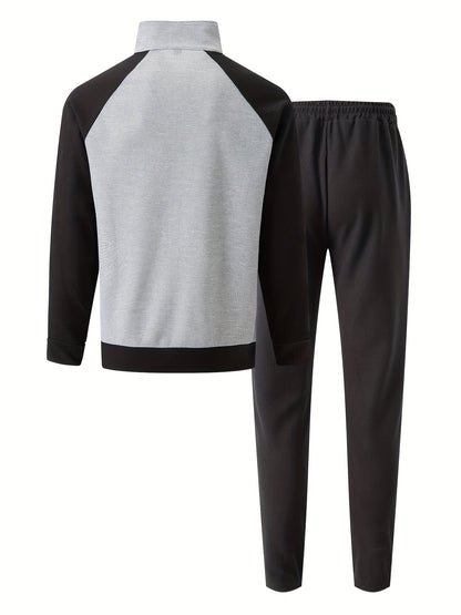 Տղամարդու սպորտային գունային բլոկով կայծակաճարմանդով բաճկոնի և վազքի տաբատի հավաքածու - պոլիեսթերի խառնուրդ, իդեալական է գարնան/աշնան համար