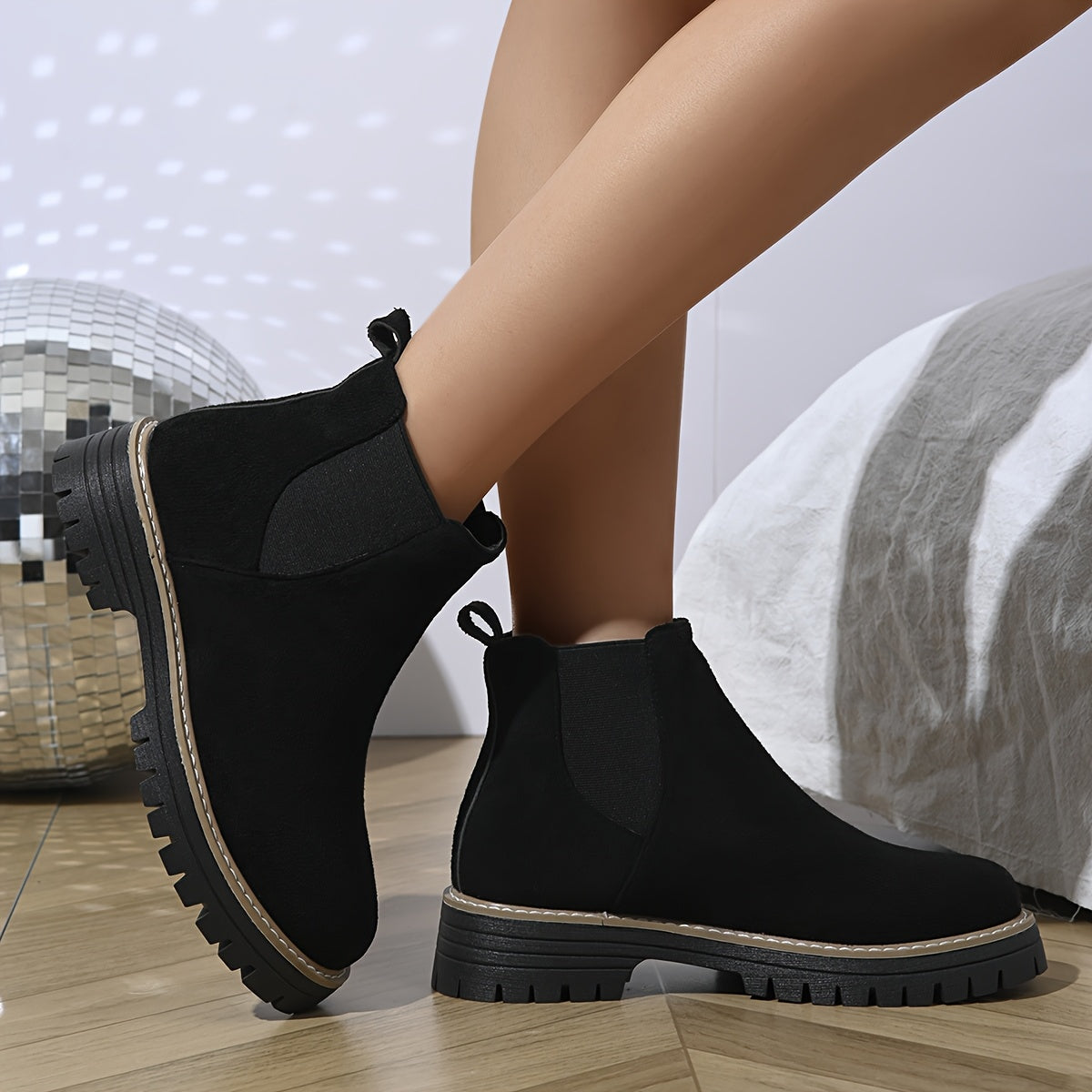 [Durable] Women's Black Ankle Boots - Comfortable Slip-On, Thick Sole, Elastic Side Straps, Round Toe, Casual Street Style, Versatile for All Seasons