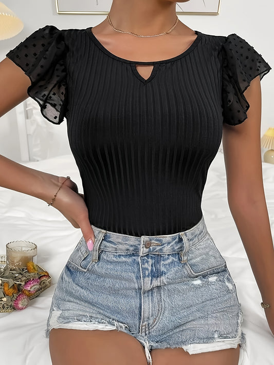 Women's V-Neck Lace Sleeve Top - Middle Eastern-Inspired Breathable Stretchy T-Shirt, Solid Blue Machine Washable Spring/Summer Casual & Formal Wear, Summer Outfit, Feminine Style, Comfortable Fit, Stylish Blouse, Summer Ward