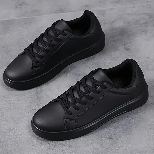 [1 Pair Men'S Black Faux Sneakers] 1 Pair Men'S Classic Black Faux Low-Top Sneakers, Round Toe, Casual Sports Style, All-Season Slip-Resistant Durable Shoes with EVA Sole, Breathable Fabric Lining, Lace-Up Closure - Ayq