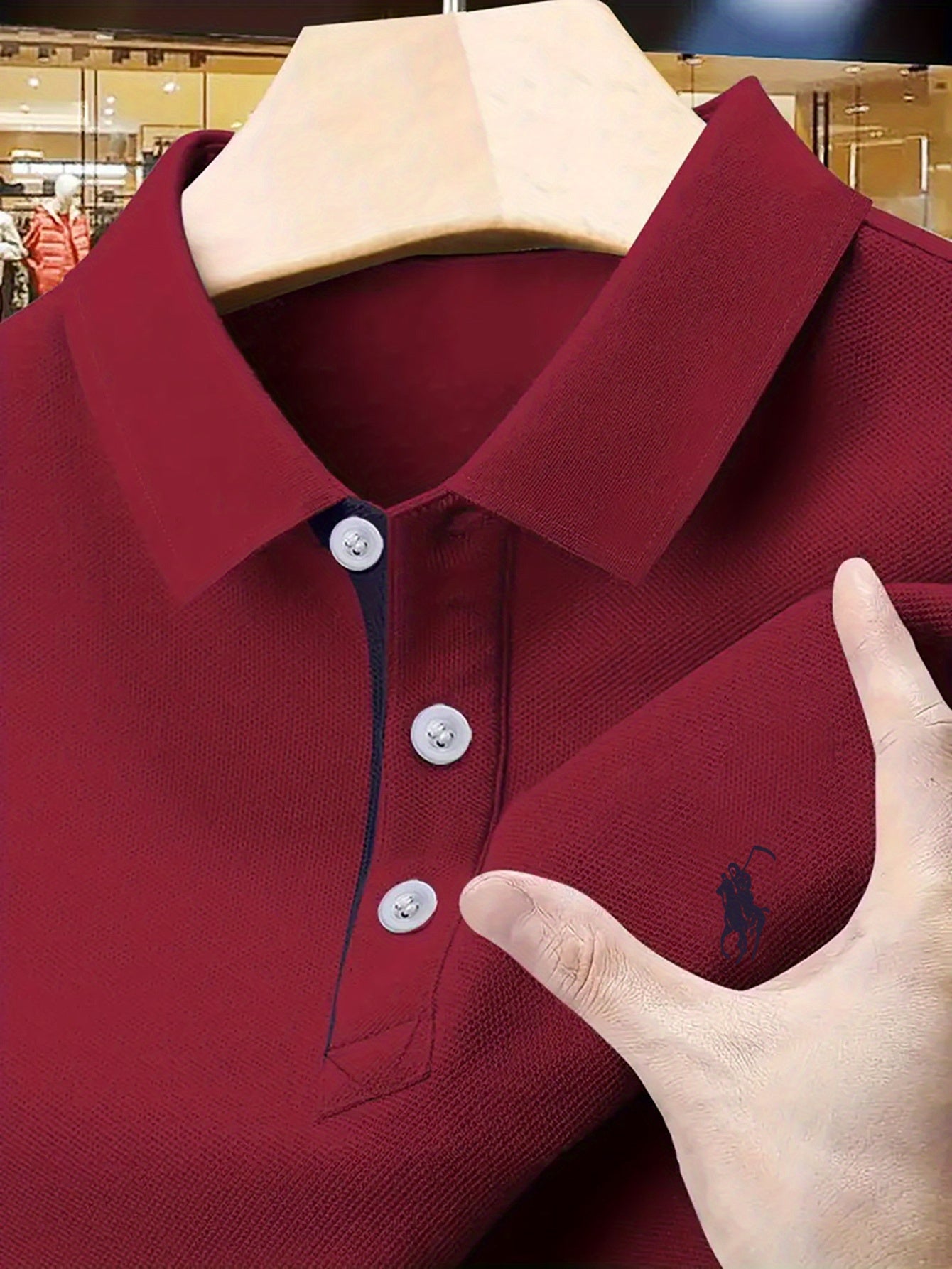 Տղամարդկանց պատահական գոլֆի պոլո վերնաշապիկ, երկրաչափական նախշ, թեթև ձգվող գործվածք, պոլիեսթեր 100%, սովորական, ամառային կարճ թեւ, շրջափակով օձիքով և կոճակի դետալներով, 210գ/մ² - Բուրգունդի