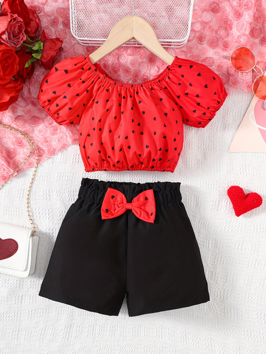 Girls' 2pcs Outfit Set, Elegant Short Sleeve Print Top with Heart Pattern & Bow Detail, Regular Fit Black Shorts, Polyester 100%, Non-Stretch, Woven, for Spring/Summer/Fall, Ages 4-7, for Outdoor - Ayq