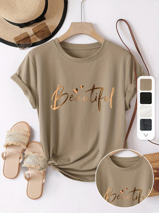 Women'S Fashion Loose Fit Casual Short Sleeve T-Shirt with Letter Print, Round Neck, Regular Length, Spring/Summer/Autumn, Polyester Knit Fabric, Tee Top
