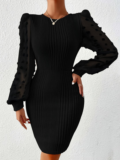 Women's Elegant Long Sleeve Slim Fit Dress - High-Stretch Short to medium length (knee/ankle/above) Dress with Lace Trim Round Neck, Machine Washable Spring/Summer Party Wedding Guest Attire - Solid Color Dress for & Events,