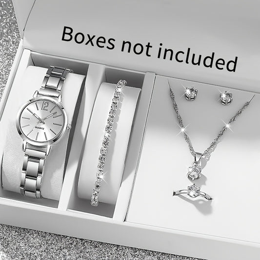 6pcs New Stylish And Simple Women'S Quartz Watch Set with Sparkling Rhinestone Accessories, Perfect for Weddings, Christmas, Thanksgiving, Valentine'S Day, Ramadan, Gifts for Girlfriends And Family, And The Best Choice for Bi - Ayq