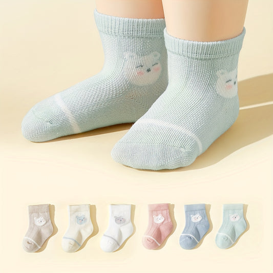 6 Pairs Of Baby Girl's Cotton Blend Adorable Animals Pattern Crew Socks, Comfy Breathable Casual Soft & Elastic Socks For Infant's Indoor Outdoor Activities - Ayq