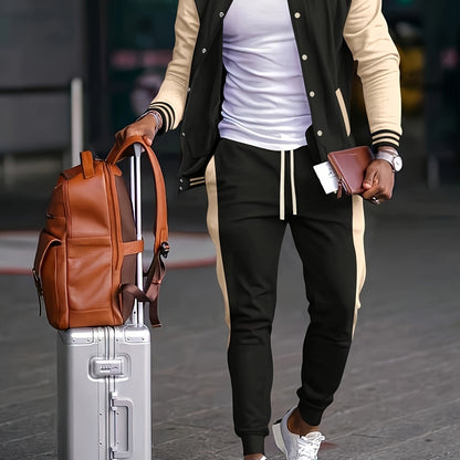 Տղամարդու ամենօրյա բեյսբոլի օձիքով բաճկոնի և տաբատի հավաքածու, գունային բլոկներով երկար թևքերով սվիտեր և սպորտային տաբատ, պոլիեսթերից հյուսված կոստյում կոճակներով, գարուն/աշուն հավաքածու