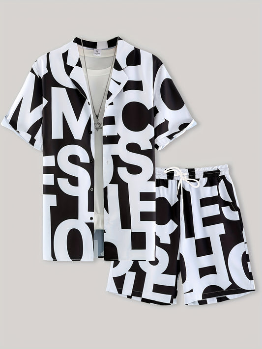 Տղամարդու կոստյում սև և սպիտակ տառերով նախշերով, կարճ թևքերով, բաց օձիքով վերնաշապիկով և շորտերով, առօրյա հավաքածու