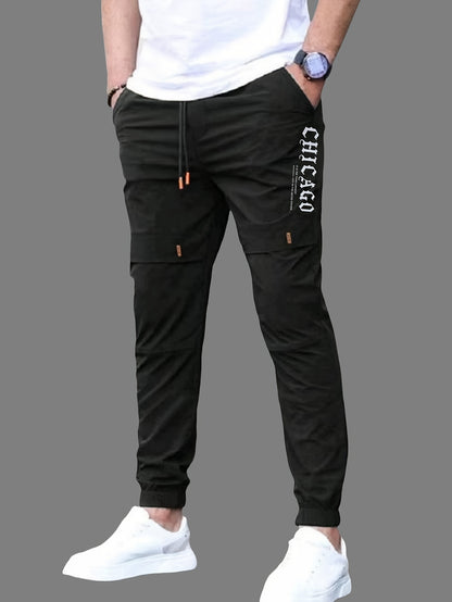 Տղամարդկանց պատահական պարաններով ջոջեր, 100% պոլիեսթեր չձգվող գործվածք, այբուբենի տպագրությամբ դետալներով սովորական տաբատ, 100% պոլիեսթեր, նորաձև աշխատանքային հագուստ