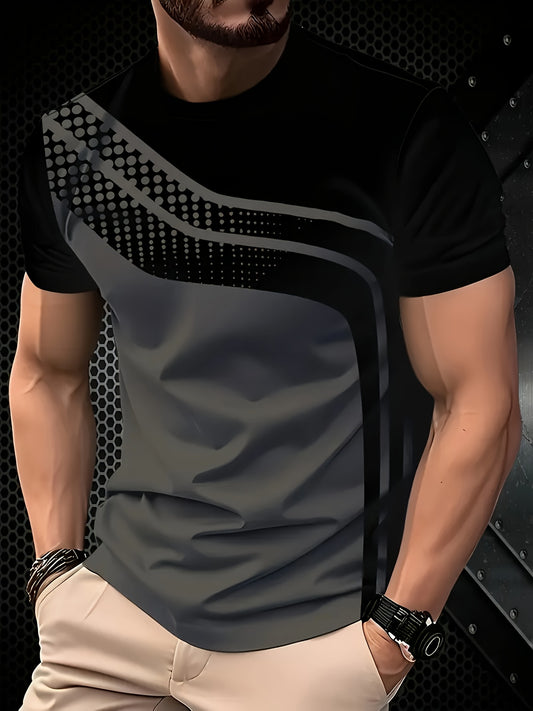 Men's Stylish Black & Grey Striped 3D Print T-Shirt - Round Neck Short Sleeve, Summer Casual Wear, Polyester Blend, Machine Washable, Modern Gradient Design for Everyday Outings