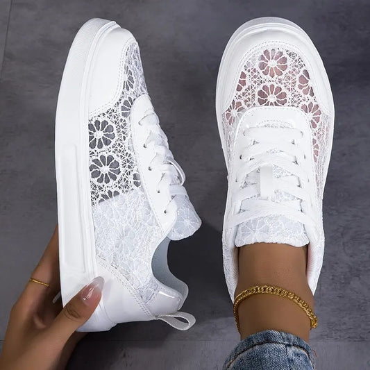 Women'S Elegant Lace Sneakers - Breathable Fabric Upper, White with Floral Pattern, Lightweight  Soft Sole, Durable EVA, Perfect for Daily Work, Sports, Summer Outings  Vacations, Casual Footwear   Elegant Sneaker   Comfort