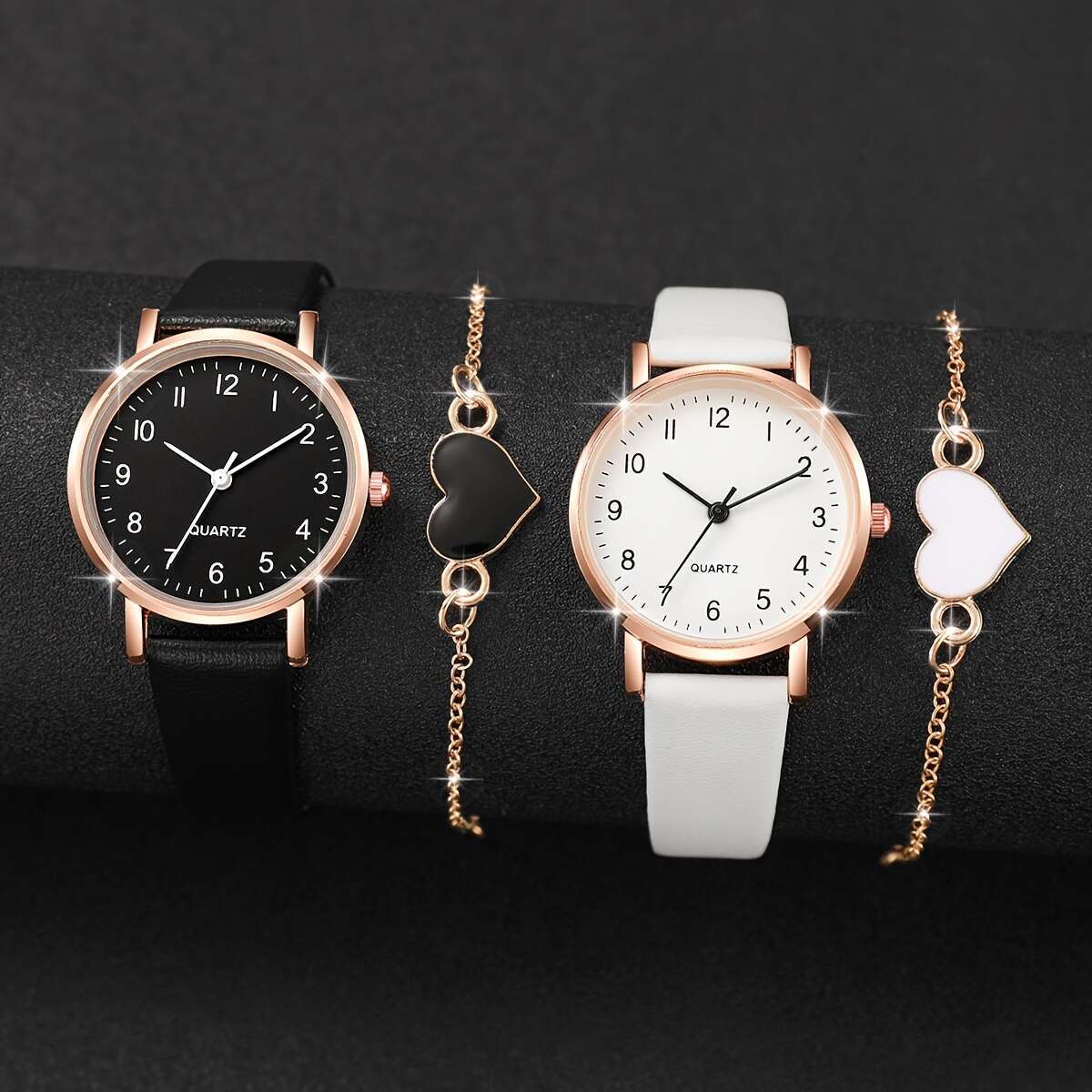 4pcs/set Elegant Women'S Quartz Watch and Heart Charm Bracelet Combo, Simple Fashion Analog Dial, Alloy Case, Faux Leather Strap, Round Shape - Battery Operated (Boxes Not Included) - Ayq