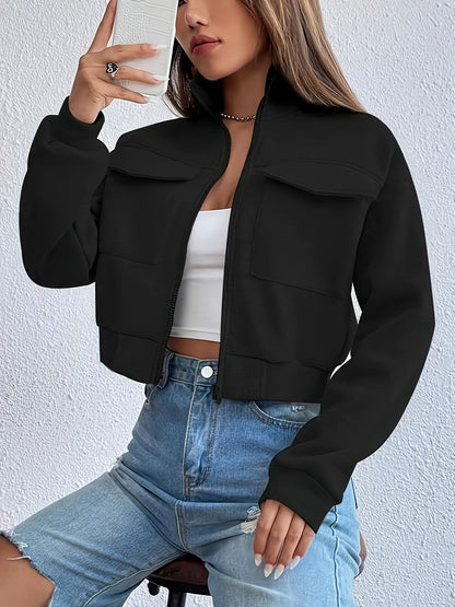 Zip Front Flap Pockets Jacket, Casual Turtleneck Crop Jacket For Fall, Women's Clothing - ayq