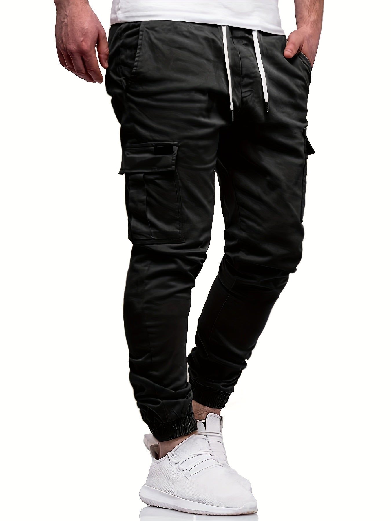 Men's Fashion, Regular Fit And Cuffed Solid Cargo Pants With Flap Pockets, Chic And Trendy Solid Drawstring Leisure Trousers For Daily Outerwear - ayq