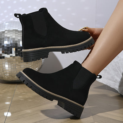 [Durable] Women's Black Ankle Boots - Comfortable Slip-On, Thick Sole, Elastic Side Straps, Round Toe, Casual Street Style, Versatile for All Seasons