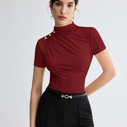 Էլեգանտ սպիտակ կարճ թևքով, բարձր օձիքով վերնաշապիկ՝ կոճակներով դետալով - Կանացի բազմակողմանի ամառային բլուզ, առօրյա հագուստ | Մինիմալիստական ոճ | Նրբագեղ չափս