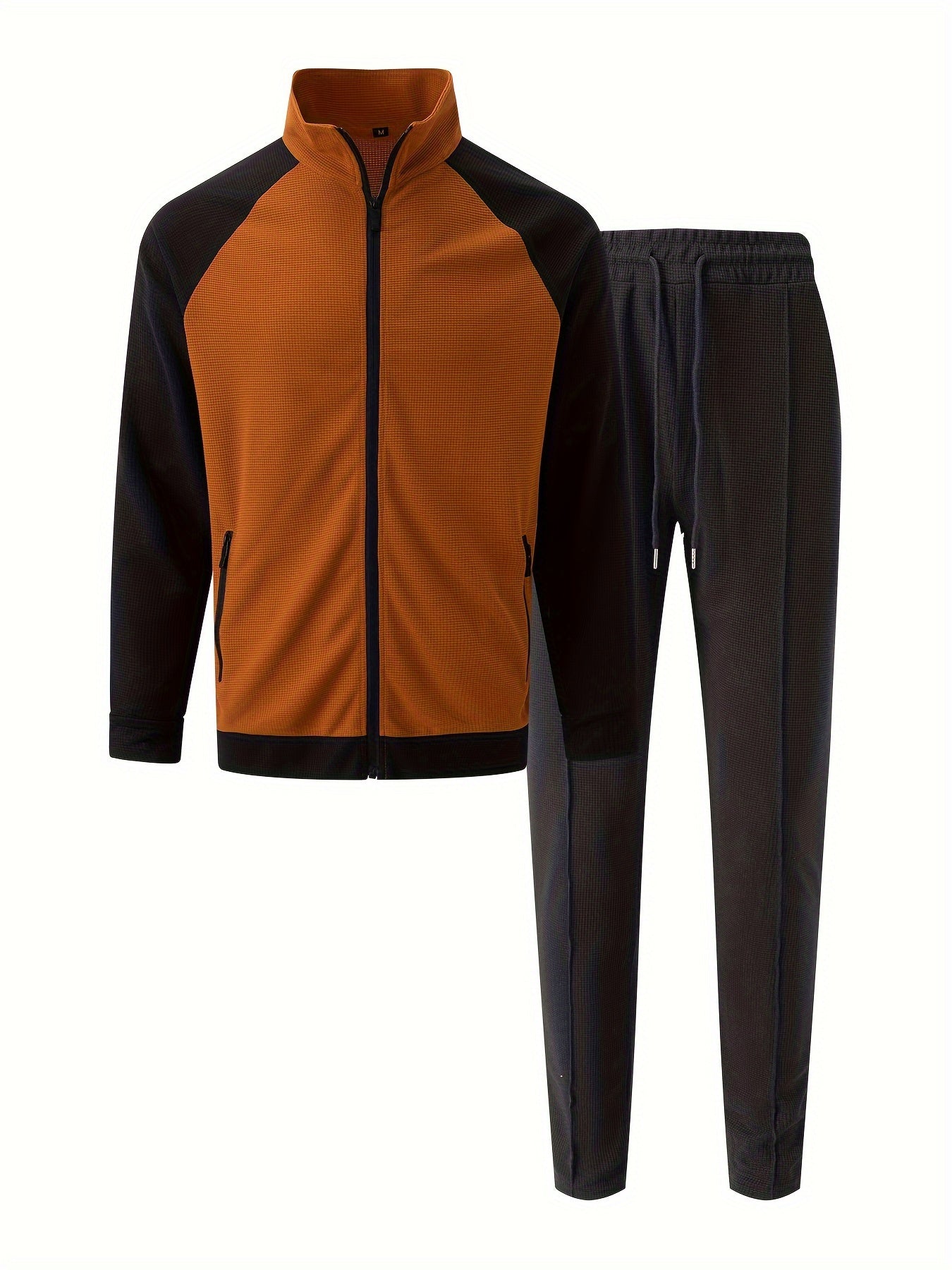 Տղամարդու սպորտային գունային բլոկով կայծակաճարմանդով բաճկոնի և վազքի տաբատի հավաքածու - պոլիեսթերի խառնուրդ, իդեալական է գարնան/աշնան համար