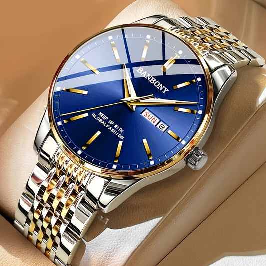 Banbony Men'S Stainless Steel Band Luminous Calendar Watch, IPX7 Waterproof, Quartz Movement, Round Zinc Alloy Case, Casual Fashion Style, with Pointer Display, Battery Powered, Non-rechargeable Button Battery, for B day