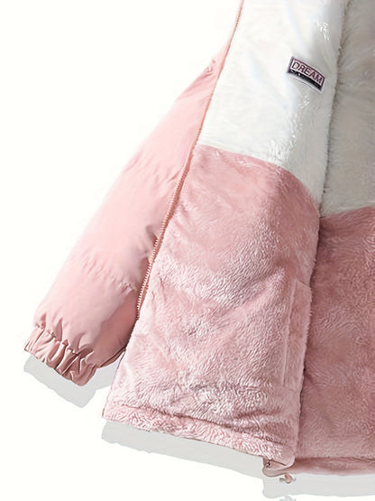 Men'S Double-Sided Fleece-Lined Thickened Jacket - Casual Stand Collar with Letter Print, Regular Fit, Pockets, Polyester Fill, Versatile for Fall/Winter, Winter Jacket