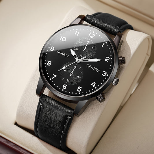 1pc Fashionable Men'S Quartz Watch, Large Dial, Zinc Alloy Case, Round Dial, Faux Leather Strap, Battery Powered, Electronic Drive, Non-rechargeable Button Battery, Business Style Wristwatch (Watch Box Not Included)