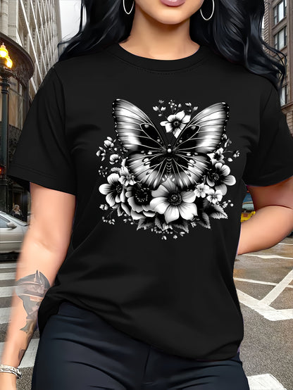 Circle Chic թիթեռի նախշերով շապիկ - նրբագեղ դիզայն, կլոր վզնոցով ամենօրյա վերնաշապիկ - շնչող և թեթև, իդեալական է գարուն/ամառ զգեստապահարանի համար