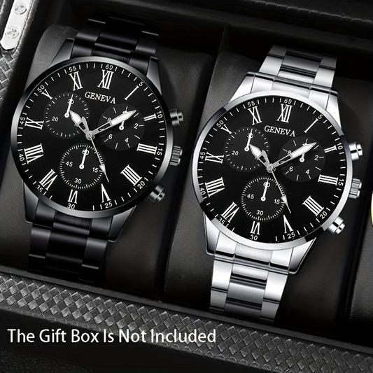 2pcs Elegant Men's Quartz Watch Set, Classic Round Dial Design with Durable Stainless Steel Band, Zinc Alloy Case, Precision Electronic Movement, Casual Fashion Style, Ideal Gift for Father's Day/Valentine's/Ramadan/Birthday/