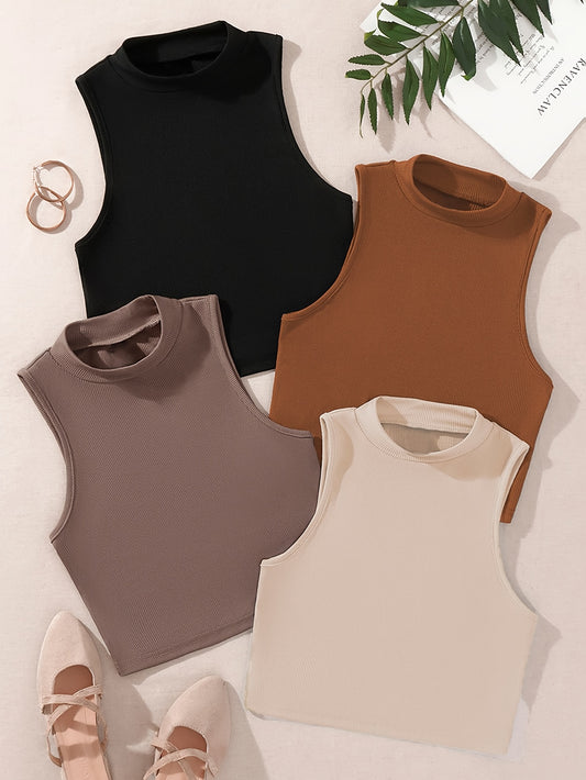Solid Color Tank Top 4 Pack, Versatile Sleeveless Mock Neck Simple Top For Spring & Summer, Women's Clothing - ayq