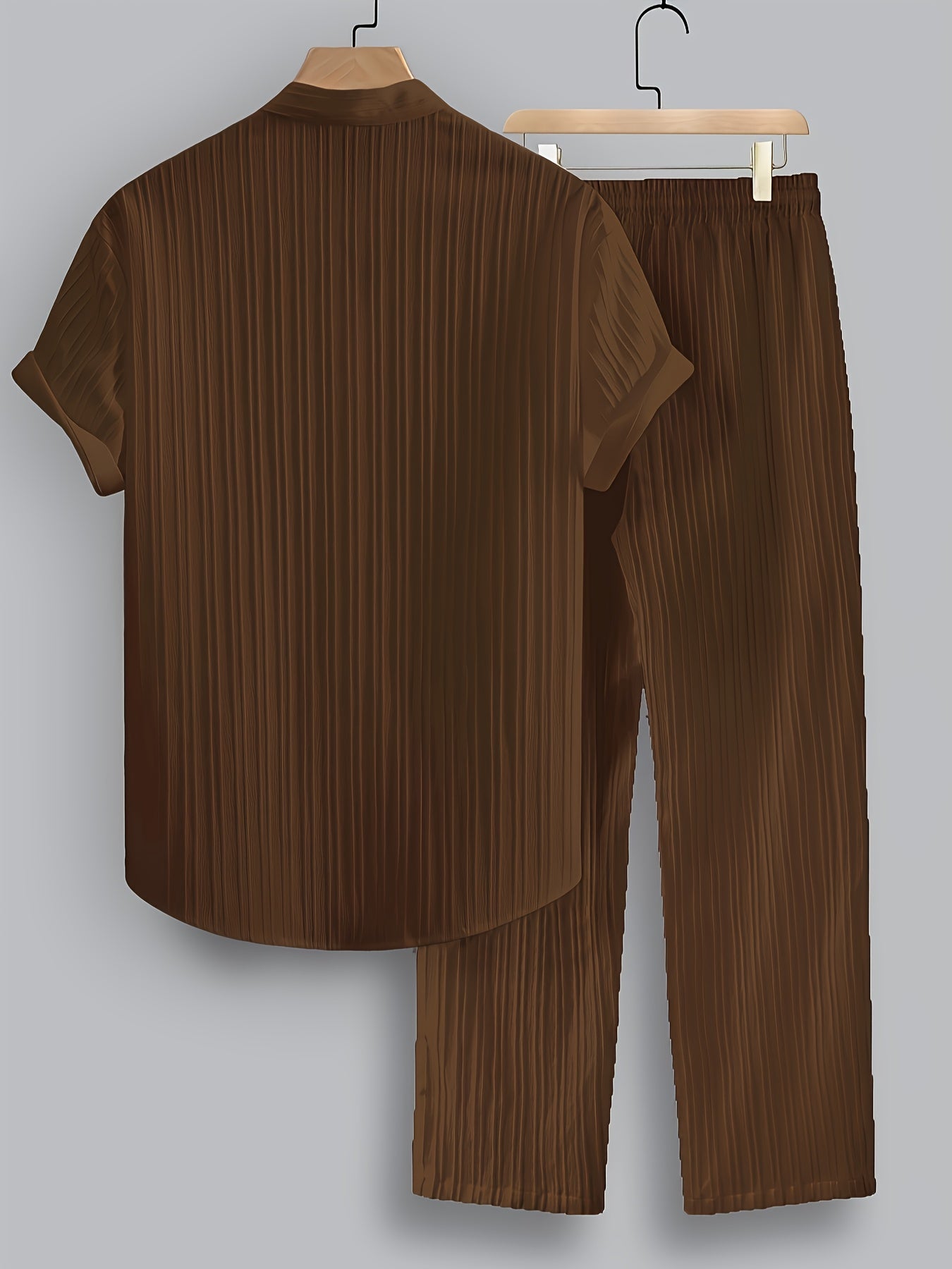 2-Piece Men's Summer Striped Polyester Suit, Short Sleeve Stand Collar Shirt and Drawstring Pants, Non-Stretch Fabric, Suitable for Casual Wear and Beach Vacation, Solid Color